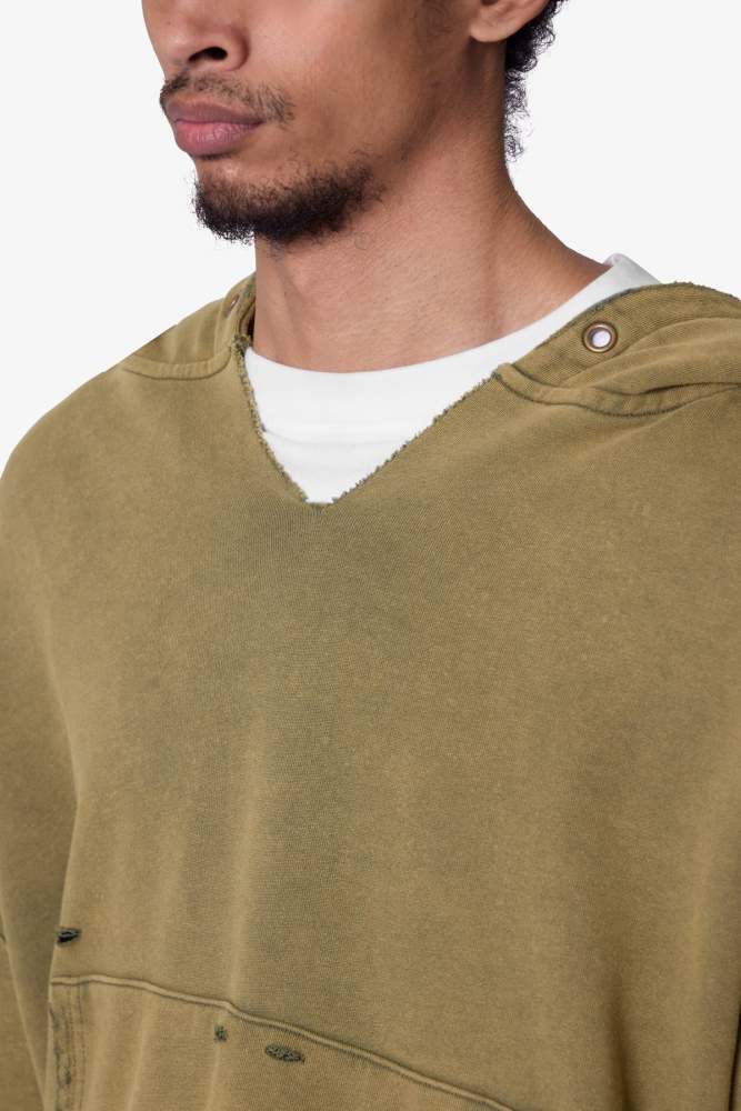 Destroyed V Neck Hoodie - Washed Olive