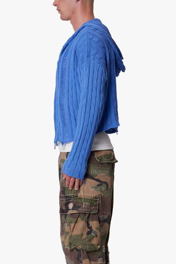 Cable Knit Hooded Sweater - Washed Blue