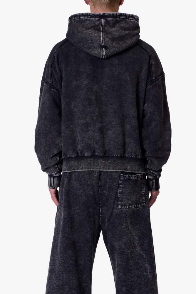 Frayed Seam Acid Wash Hoodie - Black