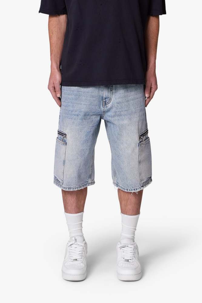 Zipper Teeth Denim Shorts - Light Blue