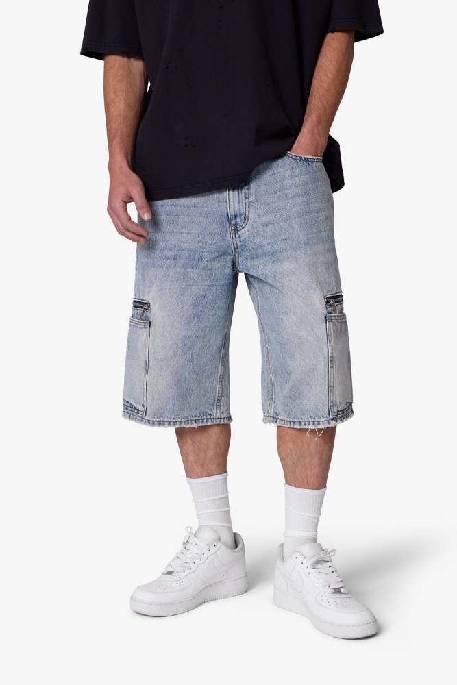 Zipper Teeth Denim Shorts - Light Blue