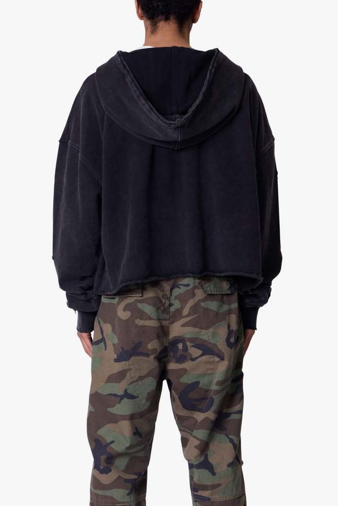 Destroyed V Neck Hoodie - Washed Black