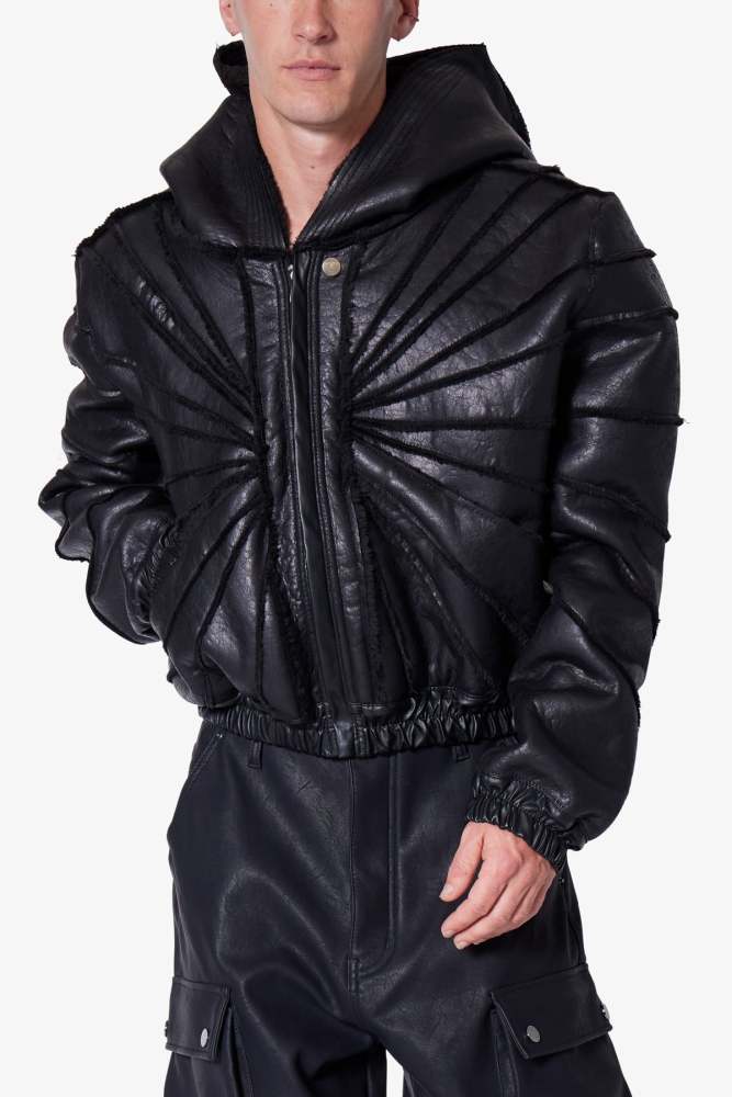 Leather Web Cropped Hoodie - Black