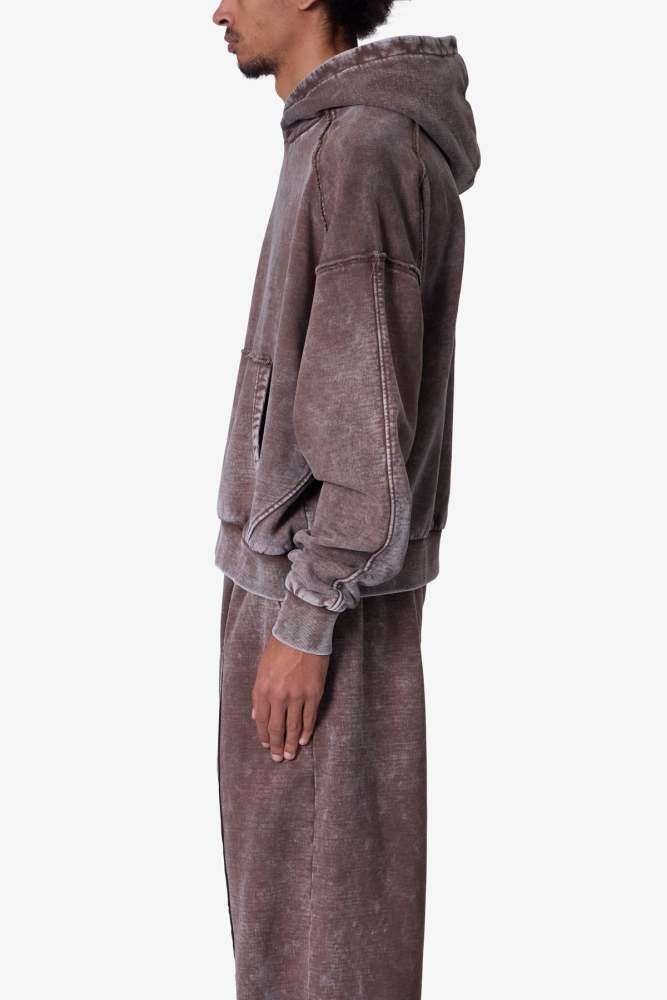 Frayed Seam Acid Wash Hoodie - Brown