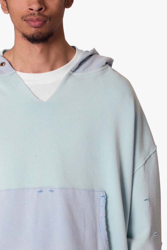 Destroyed V Neck Hoodie - Light Blue