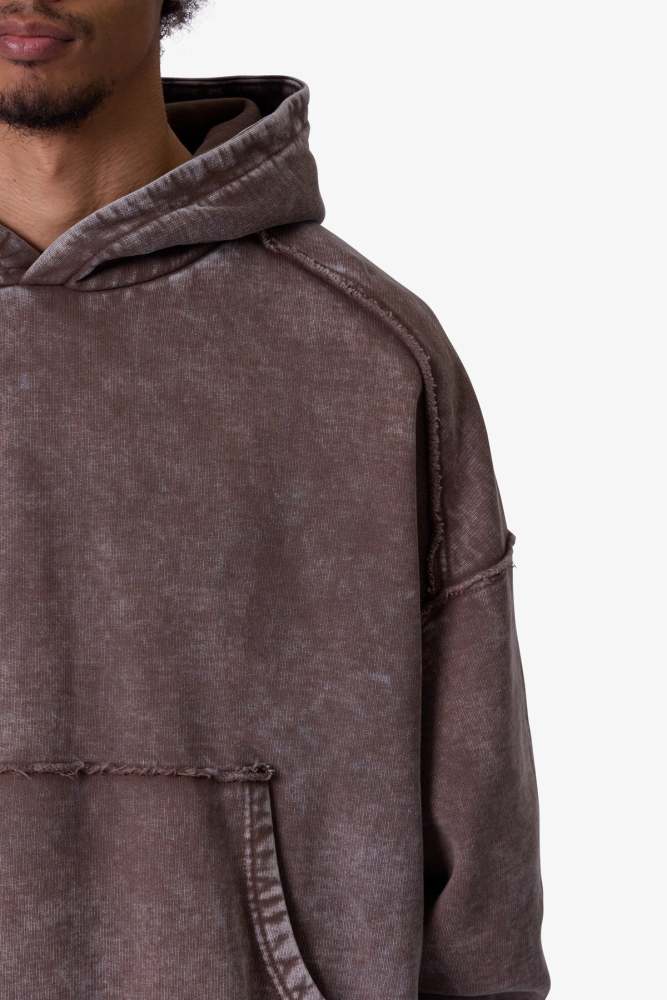 Frayed Seam Acid Wash Hoodie - Brown