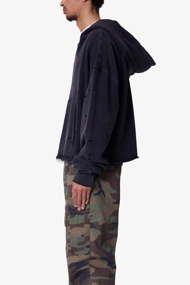 Destroyed V Neck Hoodie - Washed Black