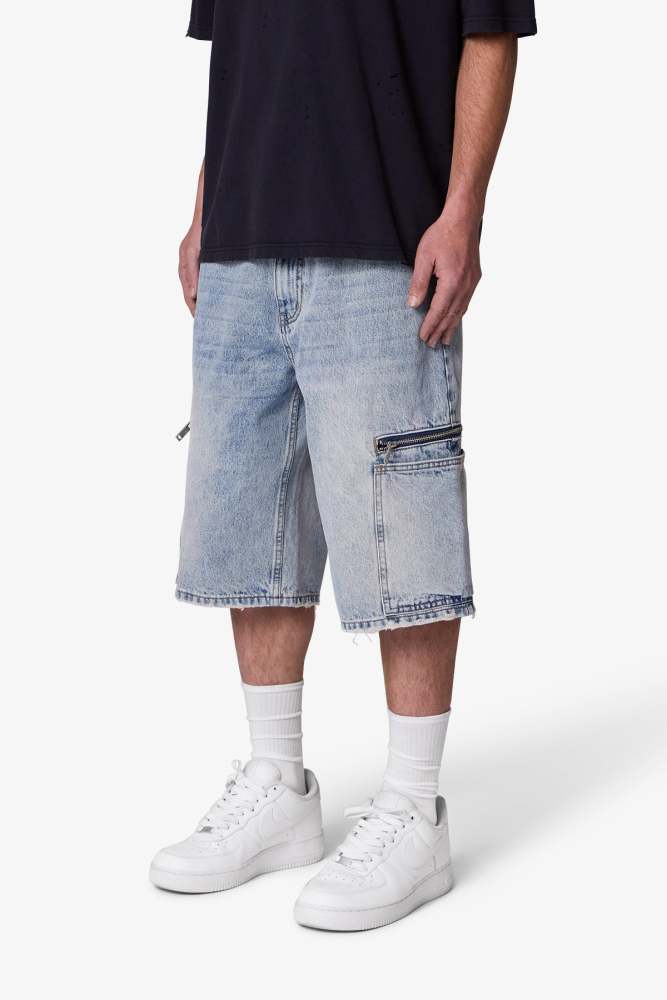 Zipper Teeth Denim Shorts - Light Blue