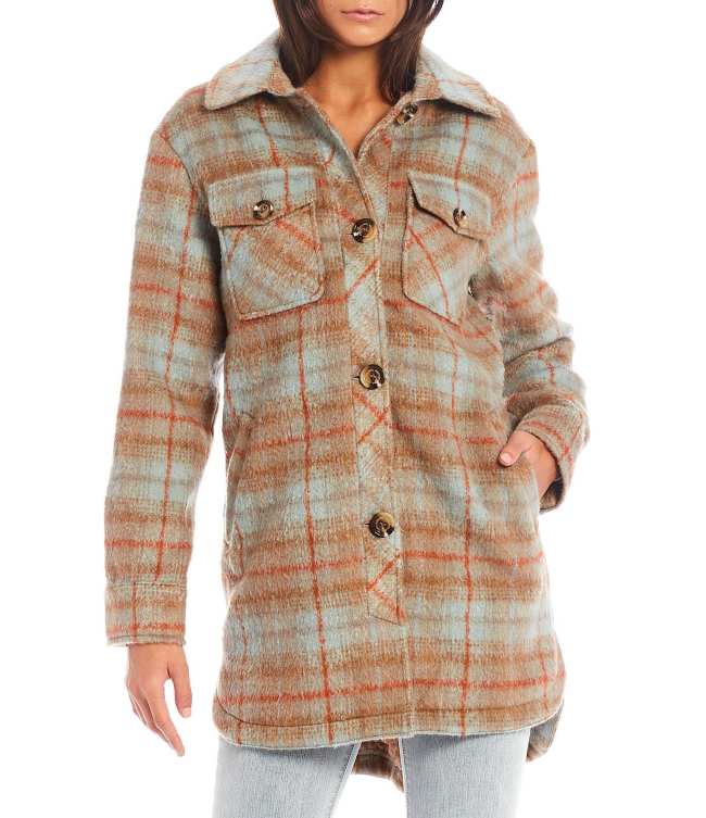 Long Sleeve Point Collar High-Low Plaid Shacket