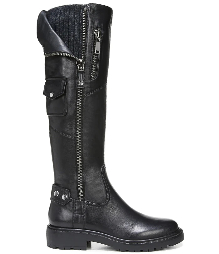 Lacy Tall Shaft Leather Moto Lug Sole Boots