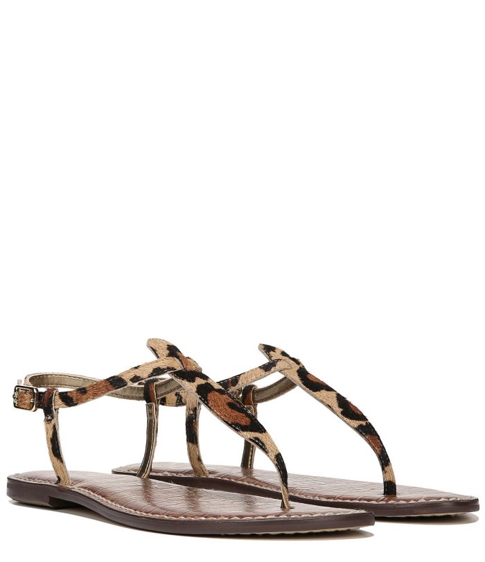 Gigi Leopard-Print Calf Hair T-Strap Sandals