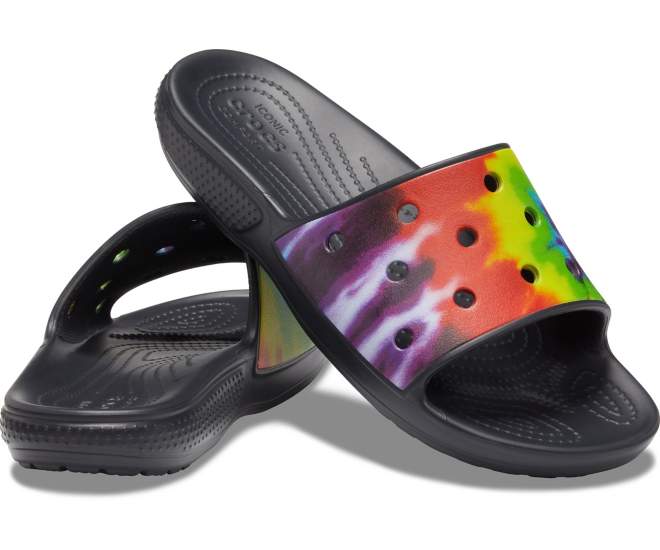 pink tie dye crocs slides