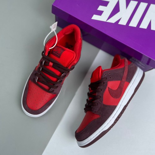 adult SB Dunk Low Cherry Red and red brown