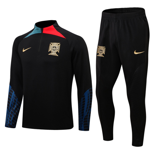 Nike adult Portugal 2022-2023 Mens Soccer Jersey Quick Dry Casual long Sleeve trousers suit black