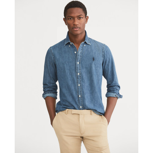 adult Men's Regular-Fit Long-Sleeve mens casual denim shirt dark Multicolor H830
