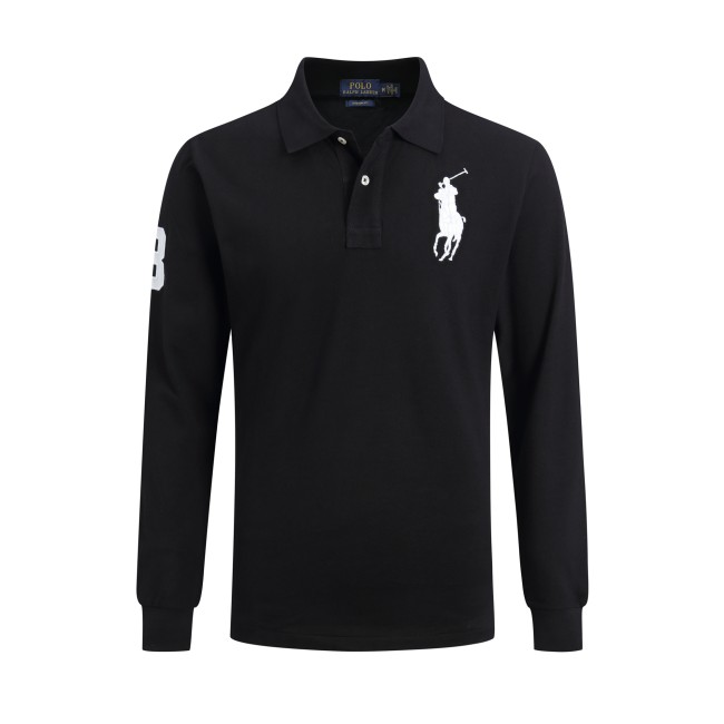 5A Mens Custom Slim Fit Big Pony Long Sleeve Lapel Polo Shirt Black