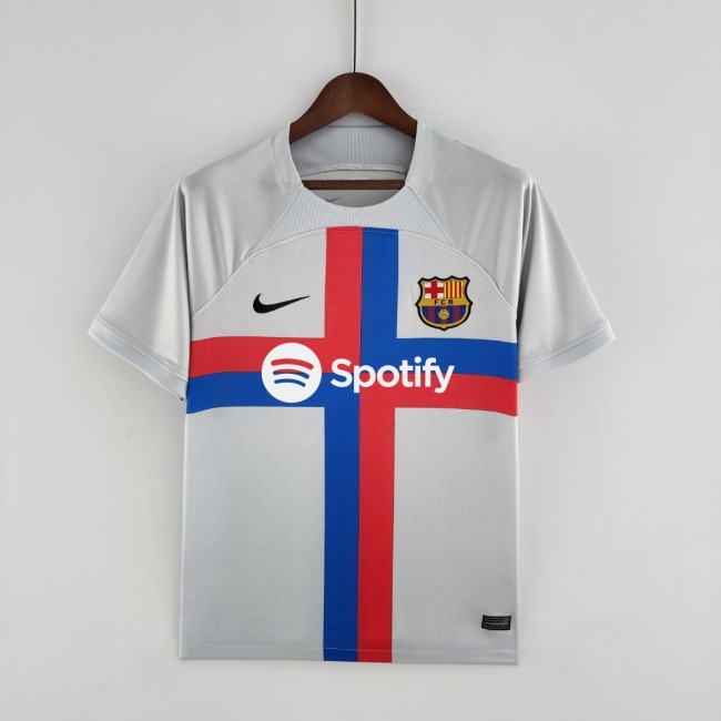 adult FC Barcelona third away 2022-2023 Mens Soccer Jersey Casual Short Sleeve T-Shirt light grey red blue