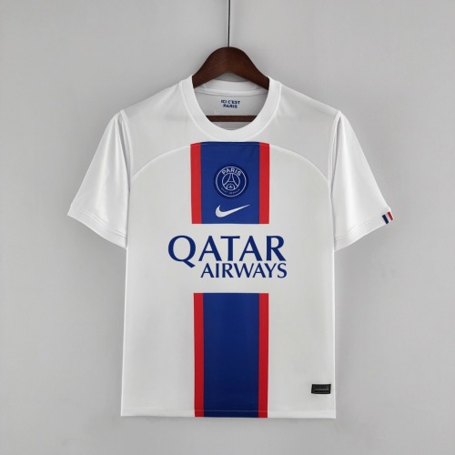 Nike adult Paris Saint-Germain F.C. away 2022-2023 Mens Soccer Jersey Casual Short Sleeve T-Shirt white blue