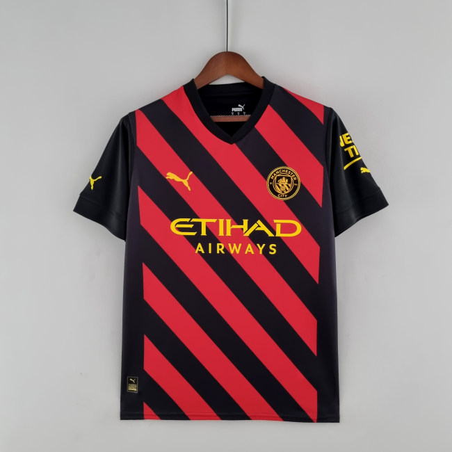 Puma adult Manchester City F.C. away 2022-2023 Mens Soccer Jersey Casual Short Sleeve T-Shirt black red
