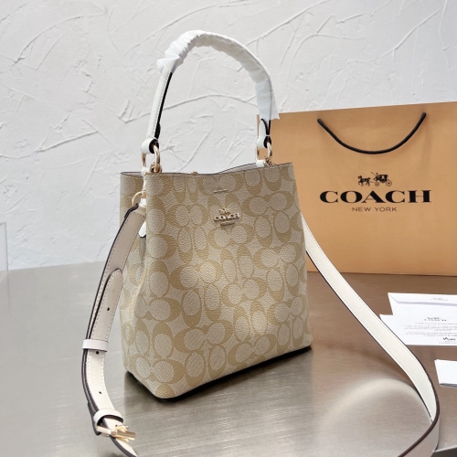 women's Genuine leather Bucket bag WITH HORSE AND CARRIAGE PRINT White 20cm×22cm