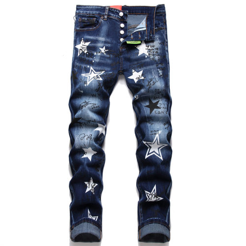 men's Print Casual Stretch body building Jeans blue 1336