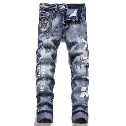 men's Print Casual Stretch body building Jeans blue 3380