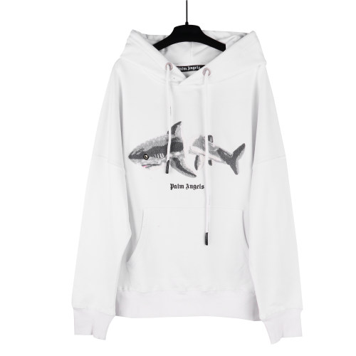 Men's casual cotton shark embroidery Drawstring Pocket Long sleeve Hoodie white 903