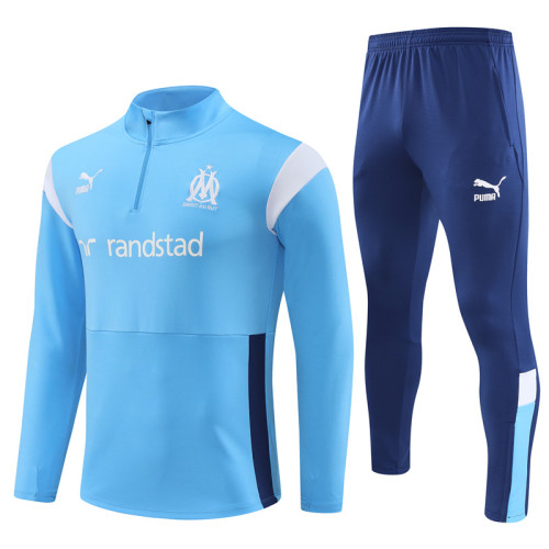 adult Olympique de Marseille 2023-2024 Mens Soccer Jersey Quick Dry Casual long Sleeve trousers suit baby blue