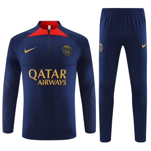 adult Paris Saint-Germain F.C.2023-2024 Mens Soccer Jersey Quick Dry Casual long Sleeve trousers suit dark blue