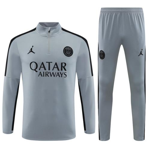 adult Paris Saint-Germain F.C.2023-2024 Mens Soccer Jersey Quick Dry Casual long Sleeve trousers suit light gray