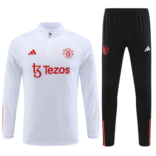 adult Manchester United F.C.2023-2024 Mens Soccer Jersey Quick Dry Casual long Sleeve trousers suit white