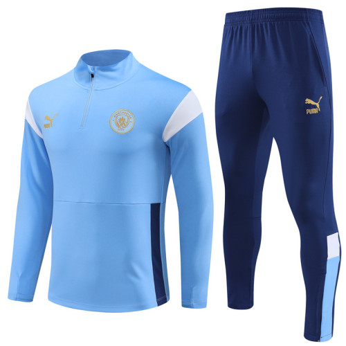 adult Manchester City F.C. 2023-2024 Mens Soccer Jersey Quick Dry Casual long Sleeve trousers suit blue