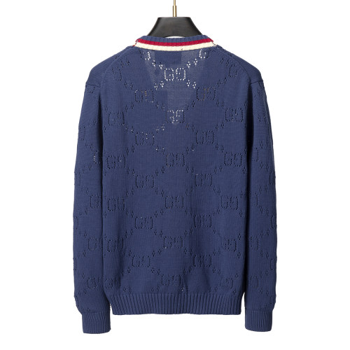 Men's casual Cotton jacquard Long sleeve Cardigan Sweater blue 3024