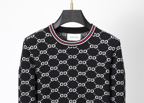 Men's casual Cotton jacquard Long sleeve round neck Sweater black 3007