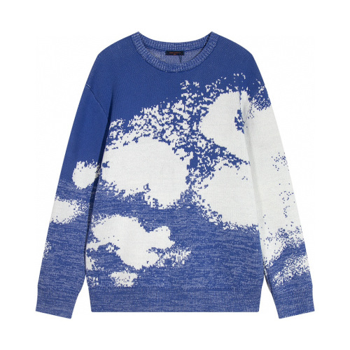 Men's casual Cotton cloud jacquard Long sleeve round neck sweater blue K736