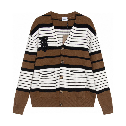 unisex casual classics Cotton Striped jacquard Long sleeve Cardigan sweater white brown K718