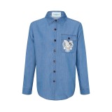 Men's casual Cotton Figure pattern printing Long sleeve Denim shirt blue N105