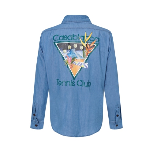 Men's casual Cotton Triangle floral pattern print Long sleeve Denim shirt blue N103