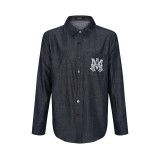 Men's casual Cotton Alphabet print Long sleeve Denim shirt dark blue N100