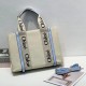 Women's Woody Printed Ribbon Linen Canvas Cowhide Tote Bag Shopping Bag Single Shoulder Crossbody Handbag 6838