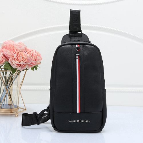 Men's Red and White Striped Metal Logo Canvas Patchwork Leather Crossbody Shoulder Bag YB711