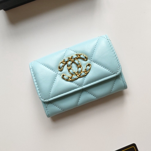 Women's Classic Gold Chain Logo Fliped Leather Wallet blue AP1790