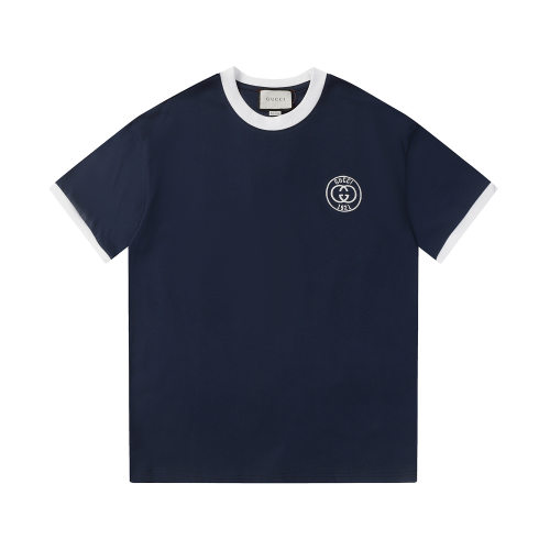 Summer New Men's Retro Matching Cotton Round Neck Short-sleeved T-shirt Dark Blue K550 # 202480