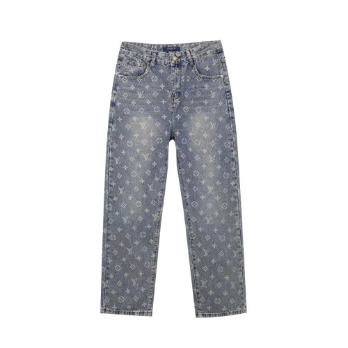 Men's Full Printed Logo Cotton Jeans Washed Blue