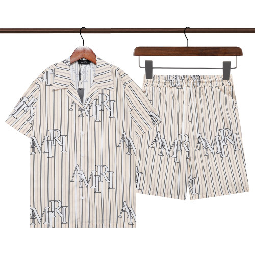 Summer Men's Striped Printed Short Sleeve Shirt Shorts Set Beige