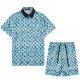 Summer Men's Fashion Full Print LOGO Short Sleeve Shirt Shorts Set Blue