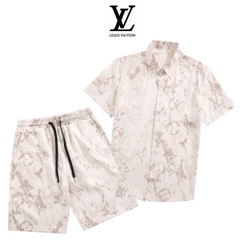 Summer Men's Fashion Printed Short Sleeve Shirt Shorts Set Beige