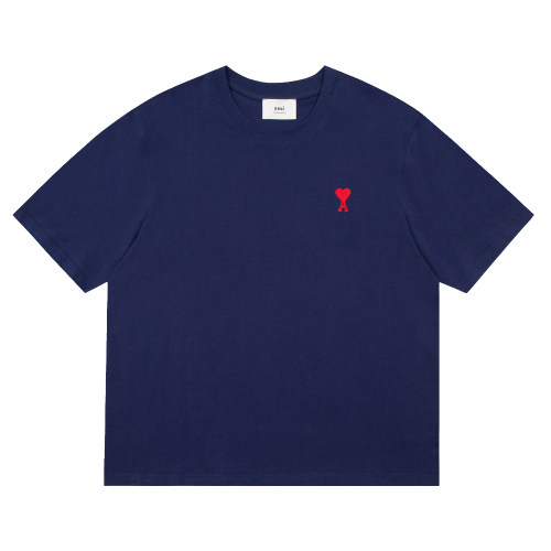 Summer Adult Simple Versatile Embroidered Logo Cotton Short Sleeve T-Shirt Navy Blue 3122#