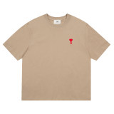 Summer Adult Simple Versatile Embroidered Logo Cotton Short Sleeve T-Shirt Khaki 3122#