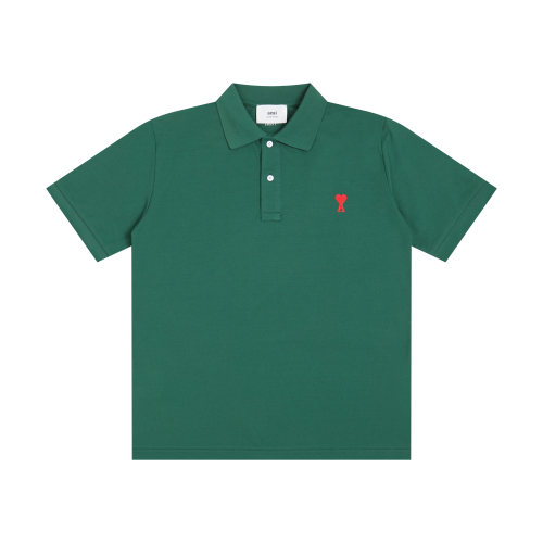 Summer Adult Simple Versatile Thickened Small Heart Embroidered Cotton Short Sleeve Polo Shirt Dark Green 118